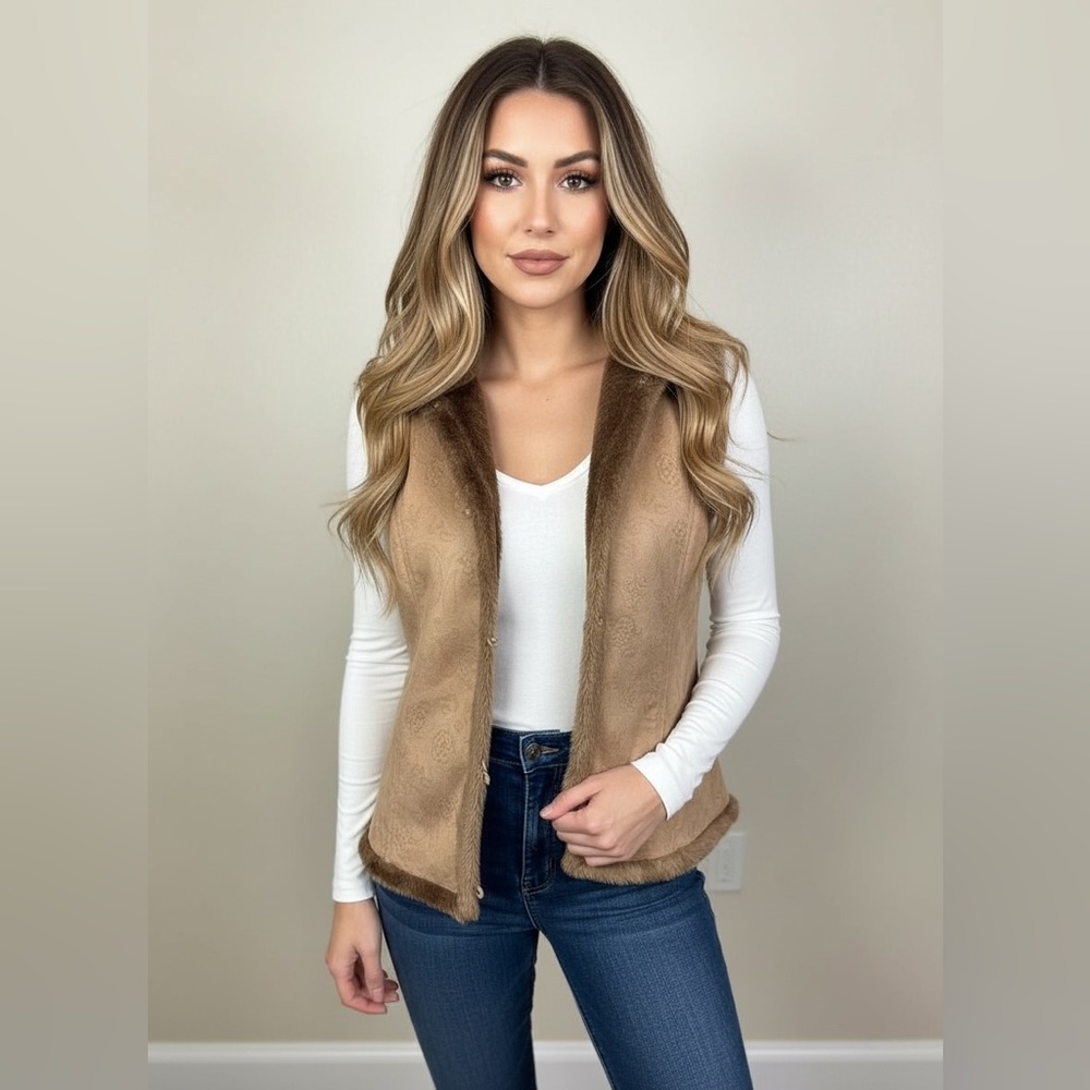 Women’s Reversible Faux Fur Vest - Tan